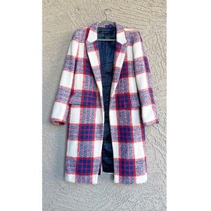 FOR W ZARA BLOGGER FAVE Red White & Blue Tartan Plaid Textured Wool Trench Coat